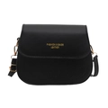 Minimalist black leather saddle crossbody bag with gold lettering and metallic hardware - Black
