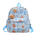 Blue checkerboard kids backpack with cute cartoon bear prints and plush charm accessory - Blue