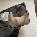 Modische beige gewebte Hobo-Tasche mit schwarzem Rand und goldener Kette für Damen - Schwarz