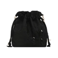 Fashionable black drawstring bucket bag with floral texture and elegant pearl decorations - Black