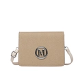 Light brown woven camera bag with beige adjustable strap and silver M buckle - White