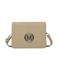 Khaki woven fabric crossbody camera bag with silver metal M logo and leather strap - Khaki