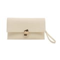 Minimalist beige clutch bag with fine horizontal texture and gold geometric metal lock - White