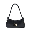 Schlichte schwarze Baguette-Schultertasche mit Glanz-Finish und goldener Metallschnalle - Schwarz