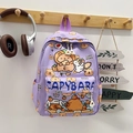 Detail of light purple Capybara cartoon schoolbag with zipper pockets and side mesh pocket - Purple