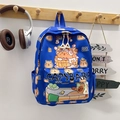 Detail of navy blue Capybara backpack featuring cute cartoon prints and zipper pockets - Blue