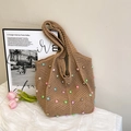 Brown crochet shoulder tote bag with colorful pearls for summer beach vacation - Khaki
