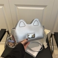 Silver cat-ear crossbody bag with plush charm and lace ribbon in metallic PU leather - With Pendant / Silver