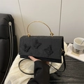 Black vintage lace small handbag with 3D butterfly embroidery and gold metal handle - Black