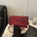 Red lace handbag with butterfly embroidery and golden metal handle for women - Red