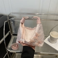 Pink lace handbag featuring 3D mesh butterflies with sparkling diamond details - Pink