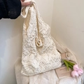 Elegante bolso tote de punto crema con detalles de perlas y asas tejidas a juego - Blanco Roto