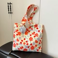 Floral canvas tote bag in off-white with red flower patterns and star plush charm - No Pendant / Red