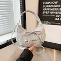 Light grey marble texture crescent bag with bow decoration and metal logo - Silver