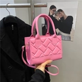 Pink quilted square tote bag in glossy PU leather with detachable strap and top handles - White
