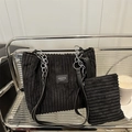 Black corduroy tote bag set with chain strap and large capacity for women - Black