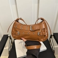 Chic caramel brown vintage rivet shoulder bag with glossy finish and silver studs - Dark Brown