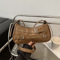 Retro brown punk Y2K shoulder bag with silver buckle straps and glossy PU leather - Khaki