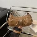 Brown vintage pleated baguette bag with silver buckle strap for women fashion - Khaki