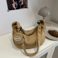 Dark khaki corduroy tote bag with small round coin pouch and adjustable wide shoulder strap - Khaki