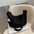 Minimalist black corduroy crescent tote bag with cute dog pendant and adjustable strap - Black