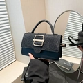 Fashionable black sequin拼接 handbag with gold metallic buckle and carry handle - Black