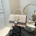 Chic beige rhinestone handbag with gold buckle and adjustable strap in a light luxury style - Khaki