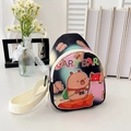 Black mini Capybara cartoon crossbody bag with white adjustable strap and colorful prints - Black