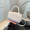 Chic 2025 patchwork leather and straw handbag with gold hardware and mirror reflection - White