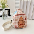 Beige plaid crossbody bag for kids featuring a cute capybara print and adjustable strap - Khaki