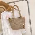 Natural straw tote bag with black accents, tassels and beads for beach holidays - Single Bag / Khaki