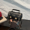 Vintage black cylinder handbag with gold bead decor and ethnic printed wide strap - Black