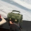Dark green barrel crossbody bag with white stitching and floral wide strap - Green