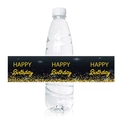 Wasserflasche mit schwarz-goldener HAPPY BIRTHDAY Aufkleber-Dekoration für Partys - Schwarzer Hintergrund Goldglitzer HAPPY Birthday (T7722-1)