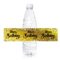 Nahaufnahme der goldenen Happy Birthday Wasserflaschen-Etiketten für Partydeko - Goldglitzer Happy Birthday (T7722-3)