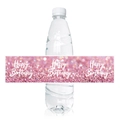 Pink glitter Happy Birthday bottle label sticker shown wrapped on a water bottle - Pink Glitter Happy Birthday (T7722-6)