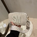 Beige woven crossbody bag with SM logo, jacquard strap, and gold hardware - Off White