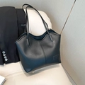 Classic black faux leather tote bag with vertical stitching for office commuting - Black