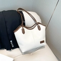 Minimalist beige tote bag with dark brown contrast trim and leather shoulder straps - White