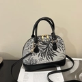 Gray and white seashell bag with black palm leaf embroidery and top handles - Black White Botanical Pattern / Black