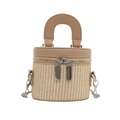 Stroh-Beuteltasche mit khakifarbenem Lederbesatz, Metallreißverschluss und Kette - Khaki