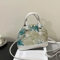 White shell bag with green palm embroidery and gold hardware detail - Green Gold Palm Leaf Embroidery / Green