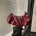 Deep wine red cloud bag with pleated soft leather texture and silver hardware accents - Red
