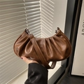 Dark brown pleated cloud shoulder bag with retro leather texture and silver buckle - Brown