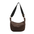 Minimalist dark brown half-moon crossbody bag with wide adjustable strap and gold logo - Coffee