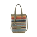 Bunte gestreifte Flecht-Handtasche mit grünen Griffen und Fashion-Lederpatch - Grün