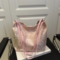 Pink butterfly embroidery tote bag with lace floral texture and elegant tassel charm - No Pendant / Pink