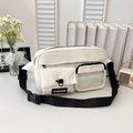 White nylon shoulder bag with adjustable black strap and multi-pocket functional design - White
