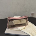Transparent black PVC underarm bag with pink leather trim and gold chain shoulder strap - Pink