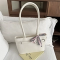 Chic beige faux leather shoulder bag with a stylish checkered bow and metal D-ring detail - White